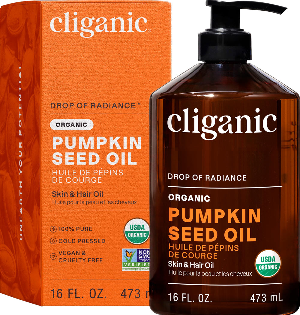 Cliganic Organic Pumpkin Seed Oil bottle front, ideal for daily facial nourishment.