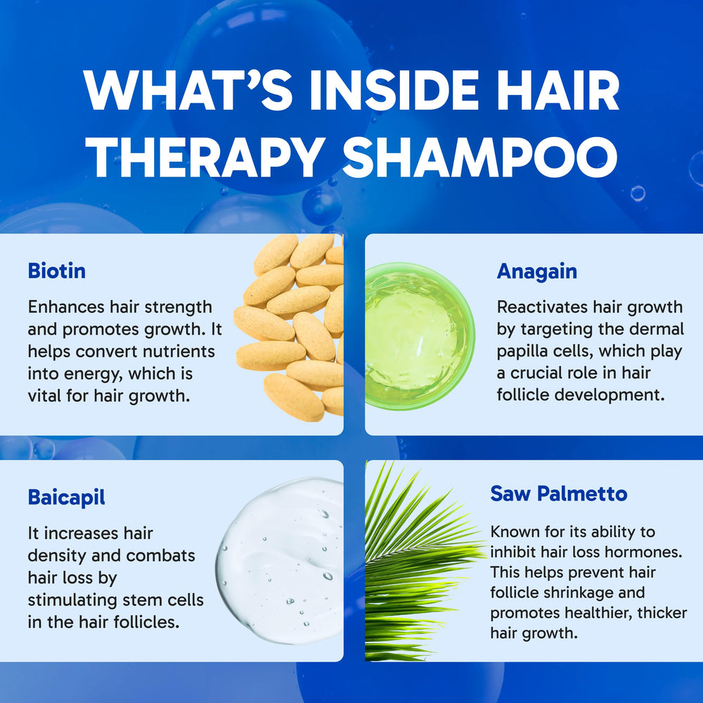 Close-up of Clinical Effects Hair Therapy Shampoo label highlighting US-made quality.