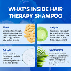 Close-up of Clinical Effects Hair Therapy Shampoo label highlighting US-made quality.