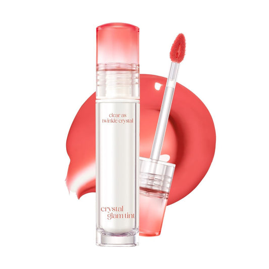 CLIO Crystal Glam Tint 009 Bare Peach bottle close-up with glossy glass-like shine for everyday wear