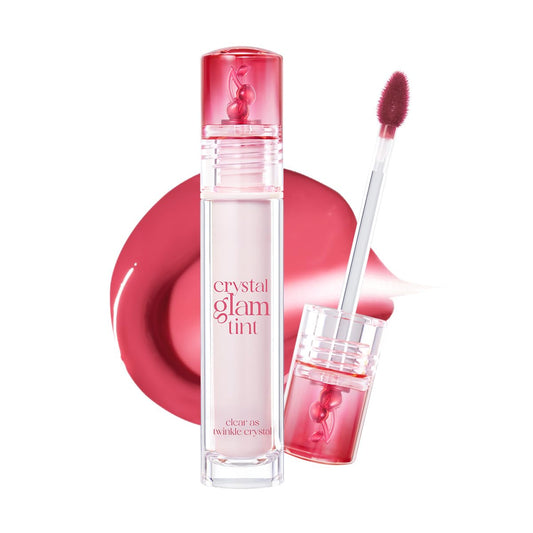 CLIO Crystal Glam Tint bottle close-up showing glass-like glossy finish in Honey Cherry