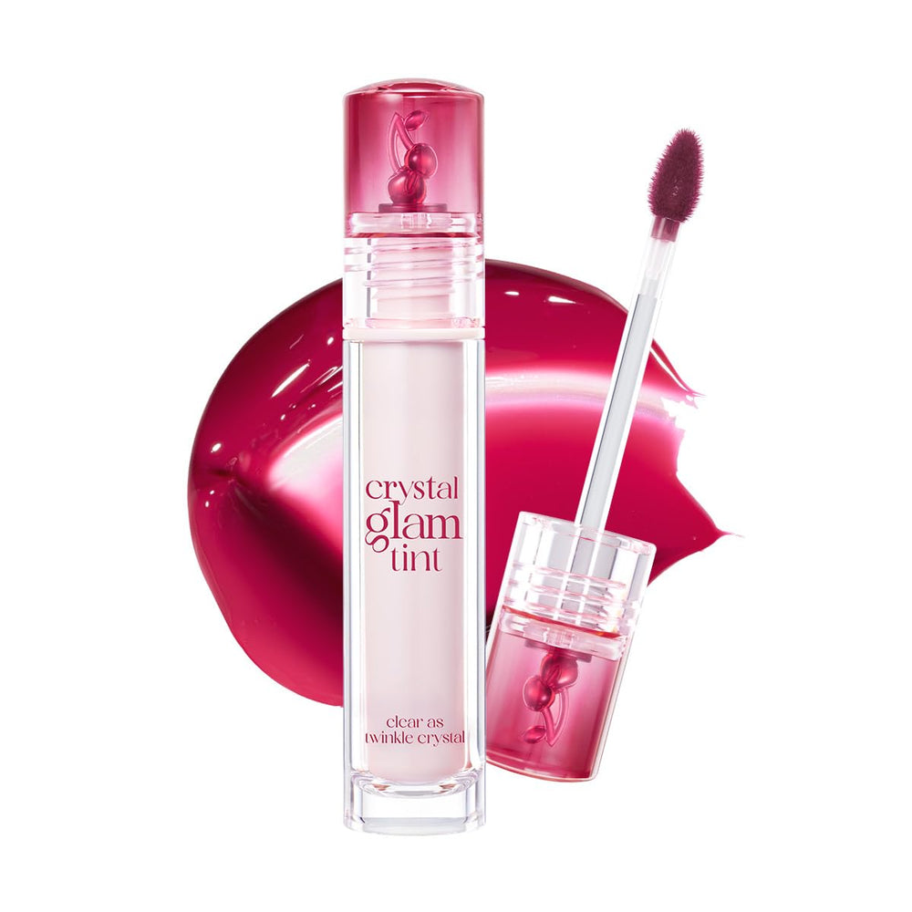 CLIO PROFESSIONAL Crystal Glam Tint Dark Cherry with glassy finish on lips