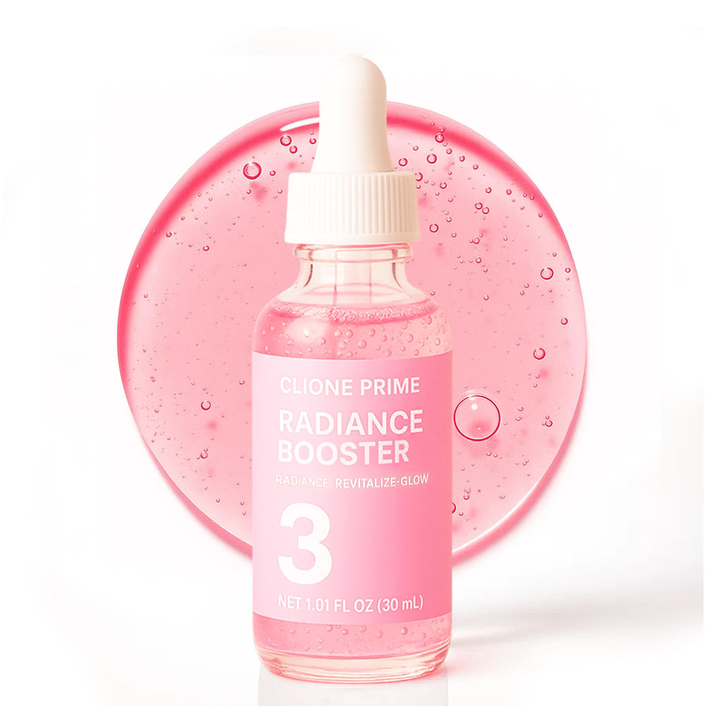 CLIONE PRIME Face Serum bottle close-up showing radiant glow.