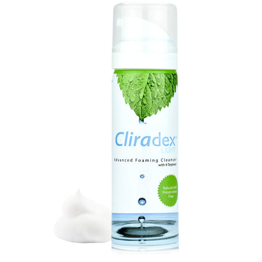 Cliradex foam bottle pour demonstrates easy eyelid cleansing.
