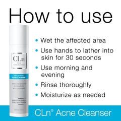 Close-up of CLn Acne Cleanser gel texture for gentle cleansing.