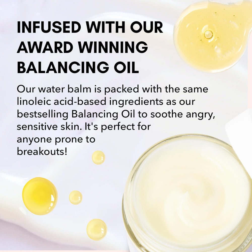 Clover Balancing Water Balm ingredients panel highlights ceramides and peptides.