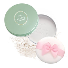 Club Suppin translucent pressed powder compact with mirror for quick touch-ups and on-the-go use.