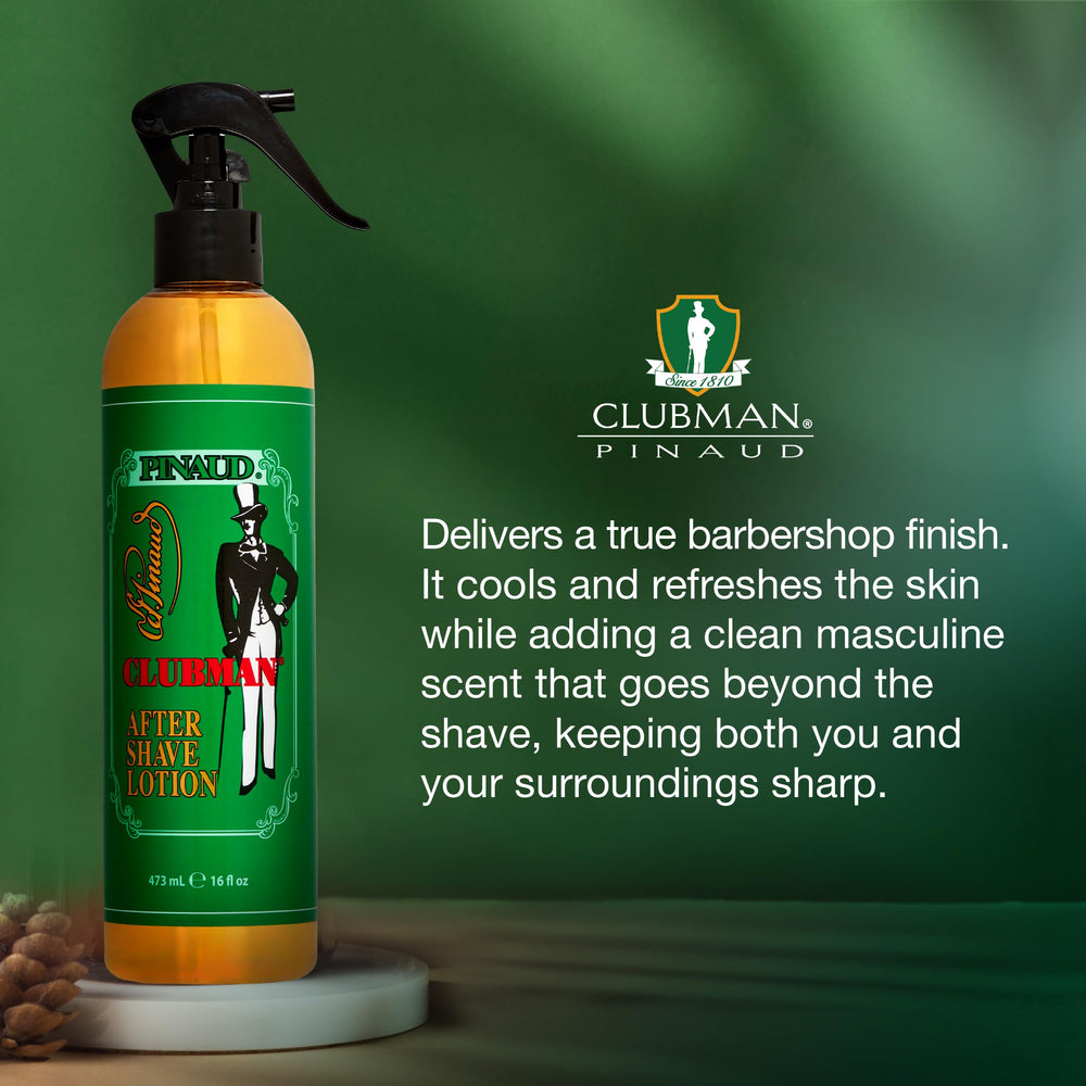 Clubman After Shave Lotion Spray label highlights classic fragrance notes