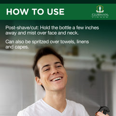 Clubman After Shave Lotion Spray texture on skin suggests a soothing finish