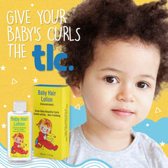 Application demonstration of Clubman Gentle Baby Hair Lotion on baby hair for defined curls