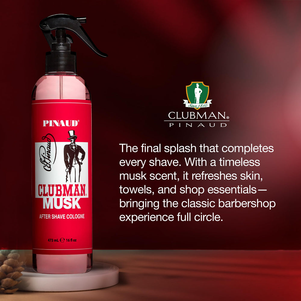 Clubman Musk label on bottle highlighting timeless fragrance.