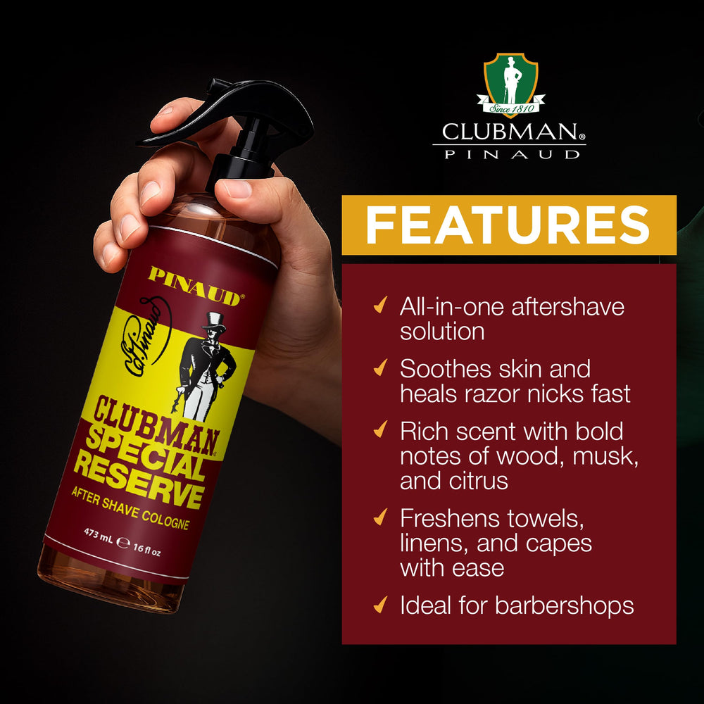 Clubman Special Reserve packaging box highlights heritage and 16 oz size.