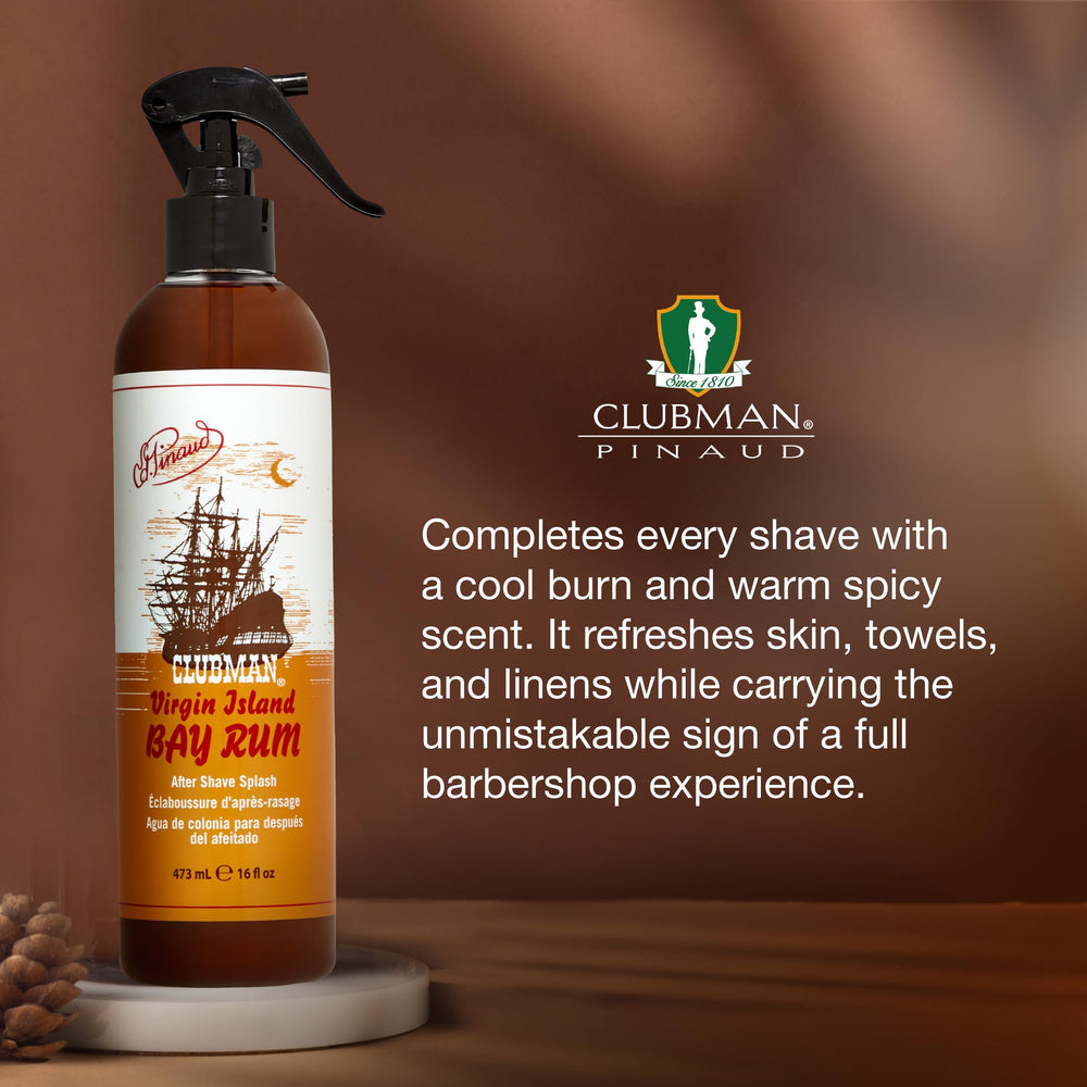 Clubman Virgin Island Bay Rum spray dispense shot for easy post-shave refresh.