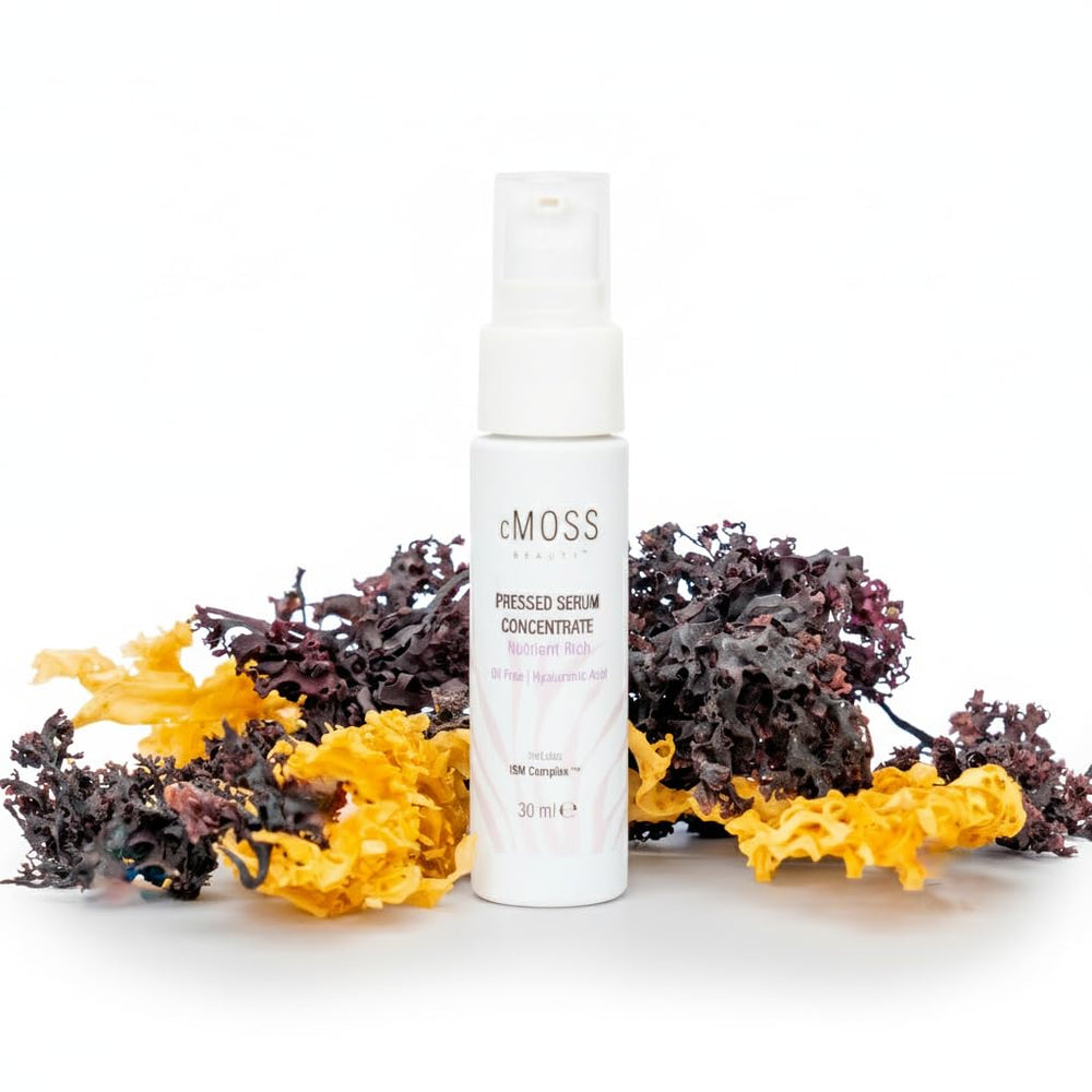 cMOSS BEAUTY sea moss-infused pressed serum bottle showing oil-free hydration