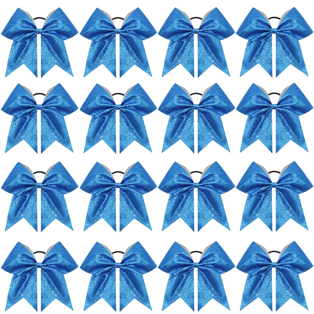 CN Sparkly blue 8in cheer bow with secure fit for routines.