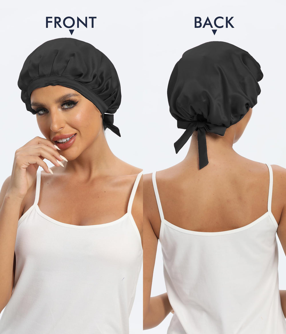 Silk sleep cap protects hair and reduces friction while sleeping.