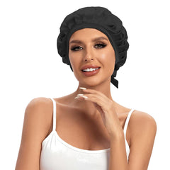 Cocheng silk bonnet in black, double-sided for versatile wear during sleep.