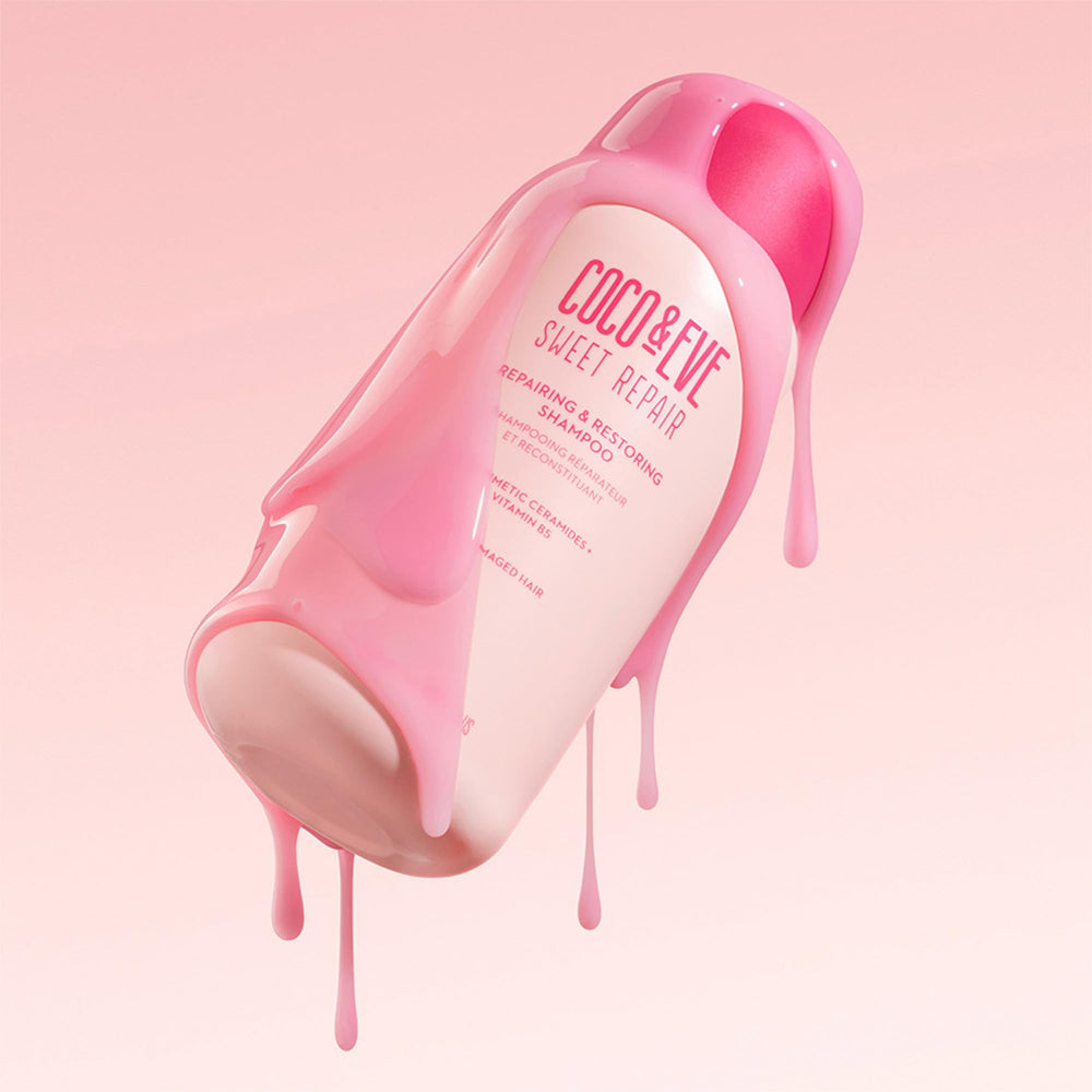 Pouring Coco & Eve Repairing Shampoo signals easy, luxurious hair care.