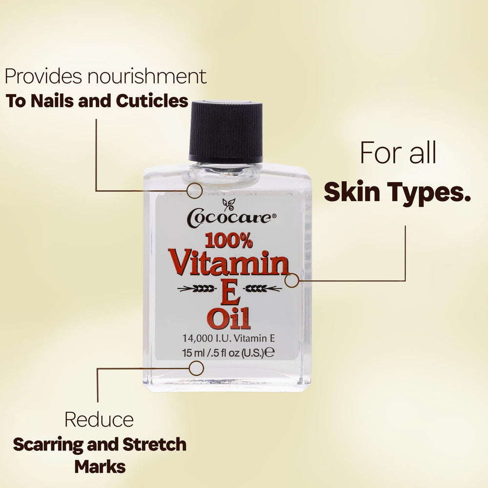 COCOCARE Vitamin E Oil label closeup highlights purity and single-ingredient benefits