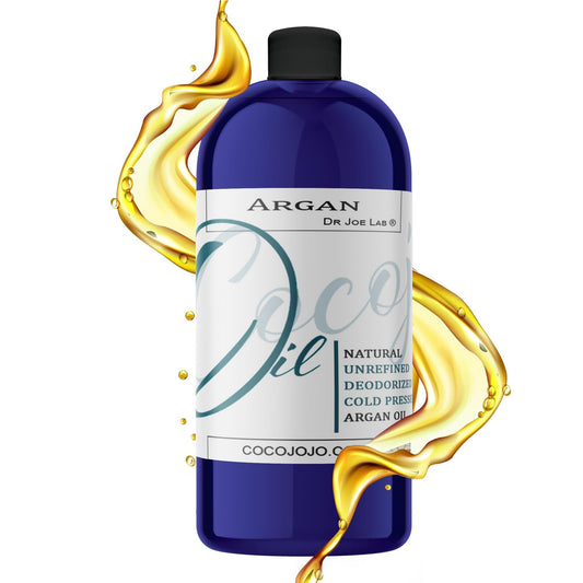 cocojojo Argan Oil Deodorized bottle close-up, hydrates hair and tames frizz for smooth strands.