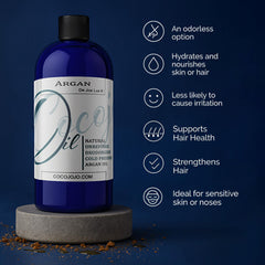 cocojojo Argan Oil Deodorized hair strands close-up, deep conditioning for healthier-looking hair.