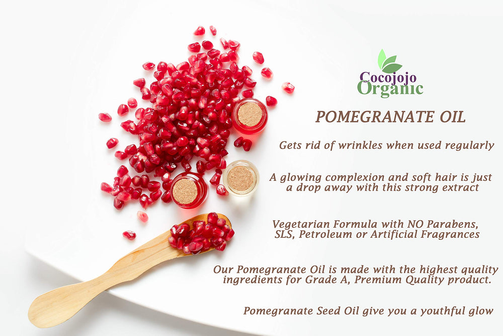 Cocojojo Pomegranate Oil for hair care adds subtle shine.