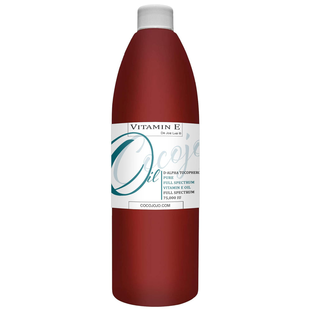 cocojojo vitamin e oil bottle closeup, highlighting purity and texture for skincare