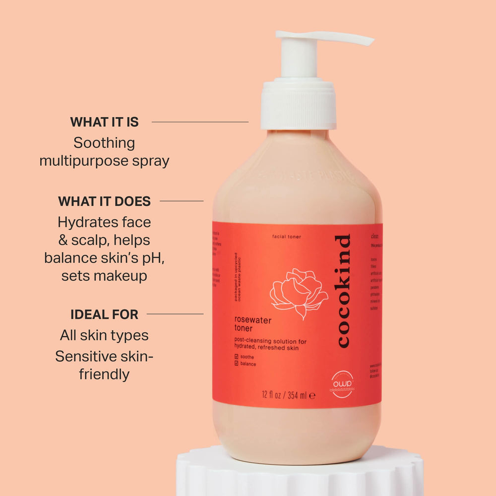 Cocokind Rosewater Toner packaging box shown for shelf appeal.