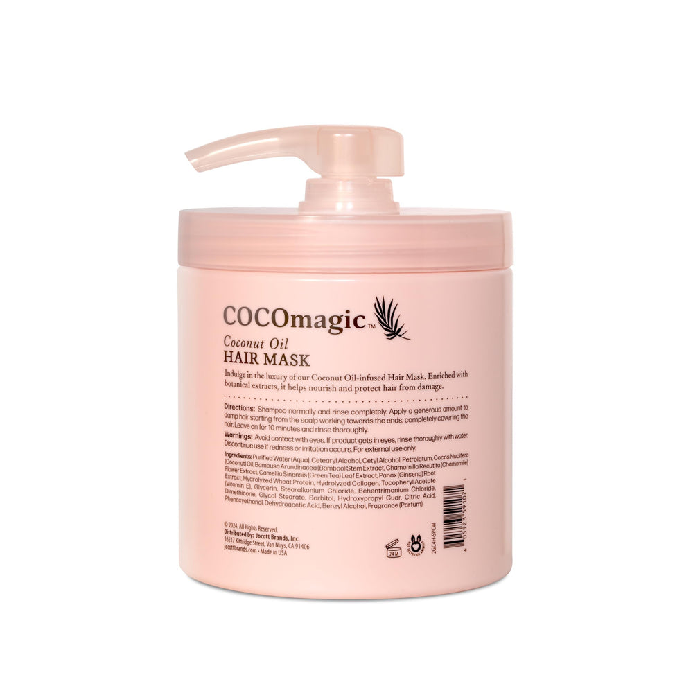 Cocomagic coconut oil hair mask bottle showing frizz control on strands
