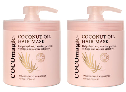 Cocomagic coconut oil hair mask jar close-up for deep conditioning and shine