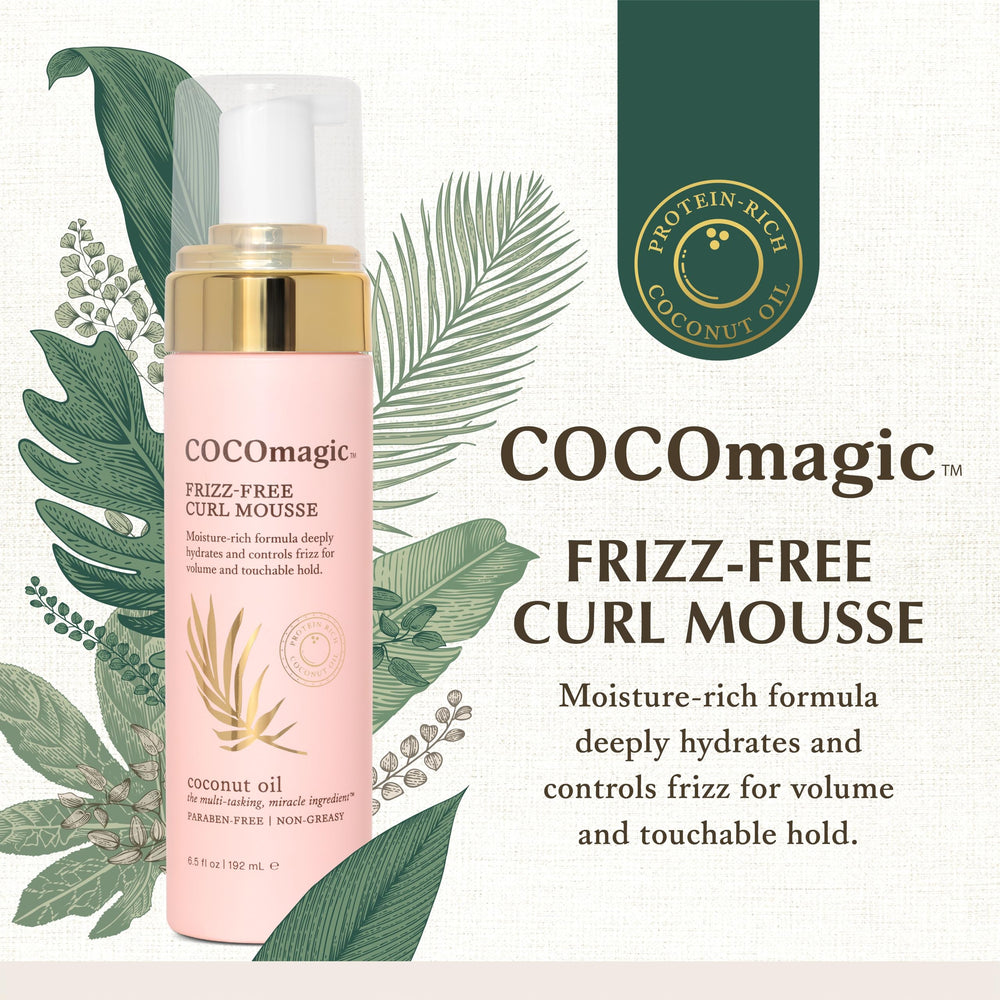 Cocomagic Frizz-Free Curl Mousse close-up on defined curls with smooth texture