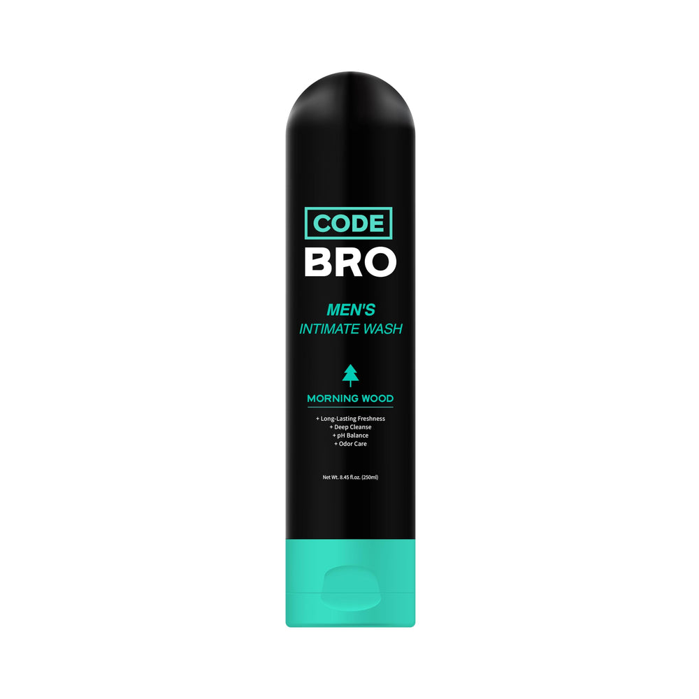 Code Bro Morning Wood wash bottle front view highlights masculine design and daily freshness