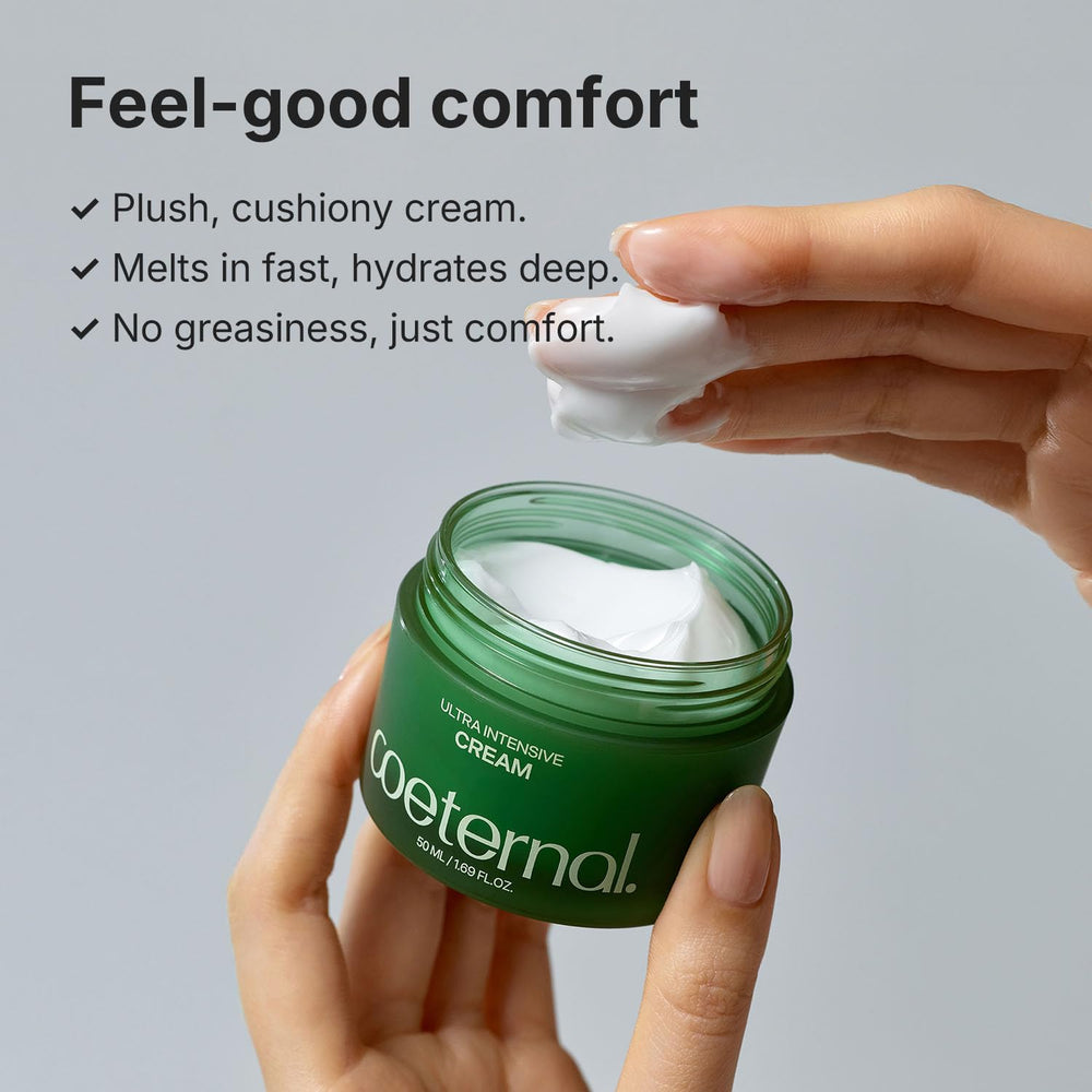 coeternal Ultra Intensive Cream on bare face illustrates lightweight, comfortable hydration