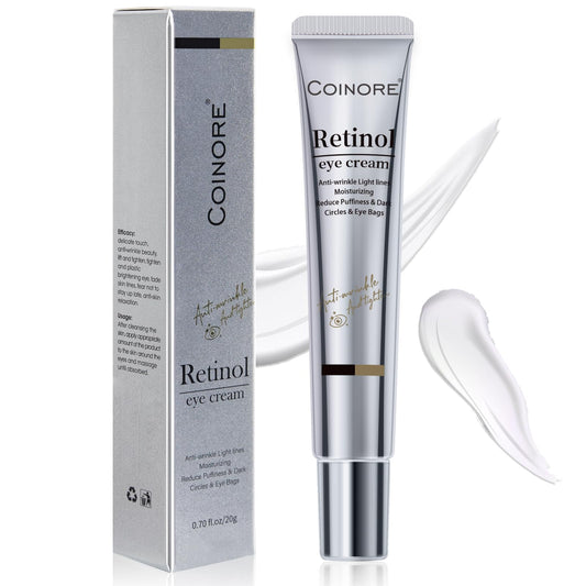 Coinore retinol under-eye cream packaging featuring vegan formulation for daily care