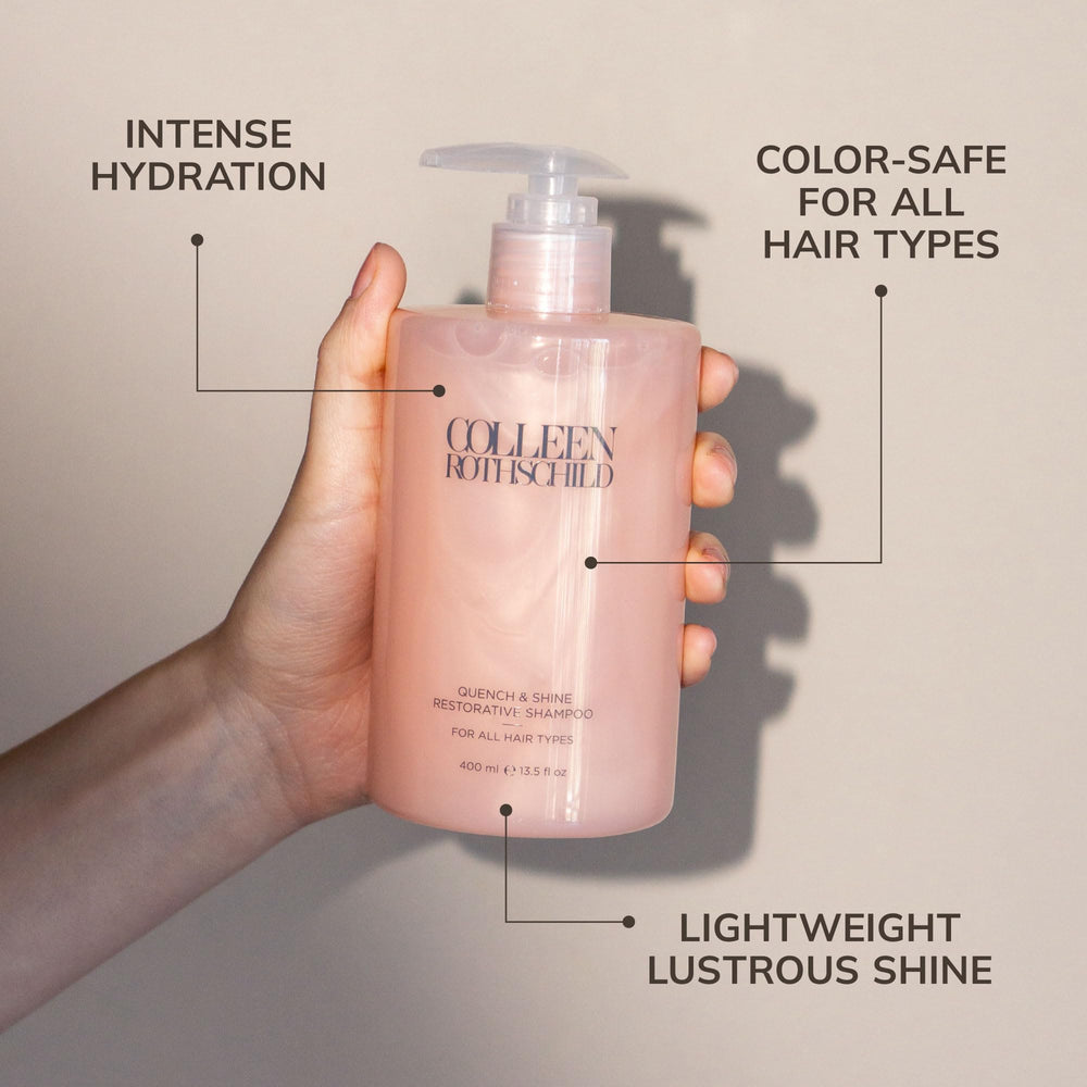 COLLEEN ROTHSCHILD Quench & Shine shampoo packaging shown on shelf for luxurious hydration.