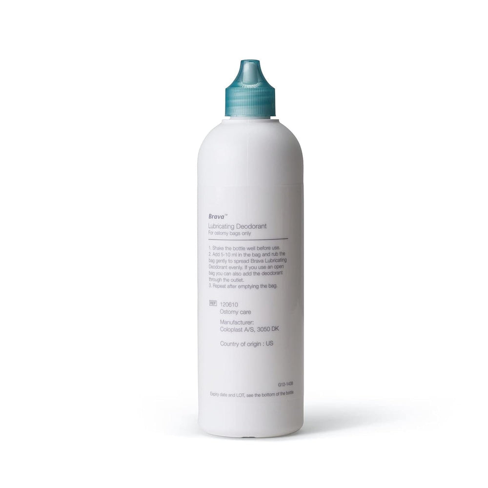Coloplast Brava ostomy deodorant label highlights an 8 oz bottle.