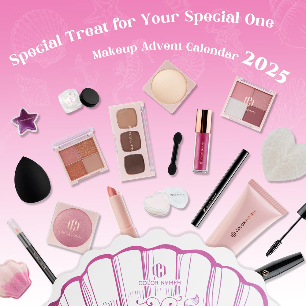 Color Nymph 24 Days makeup set palette visible beside festive packaging.