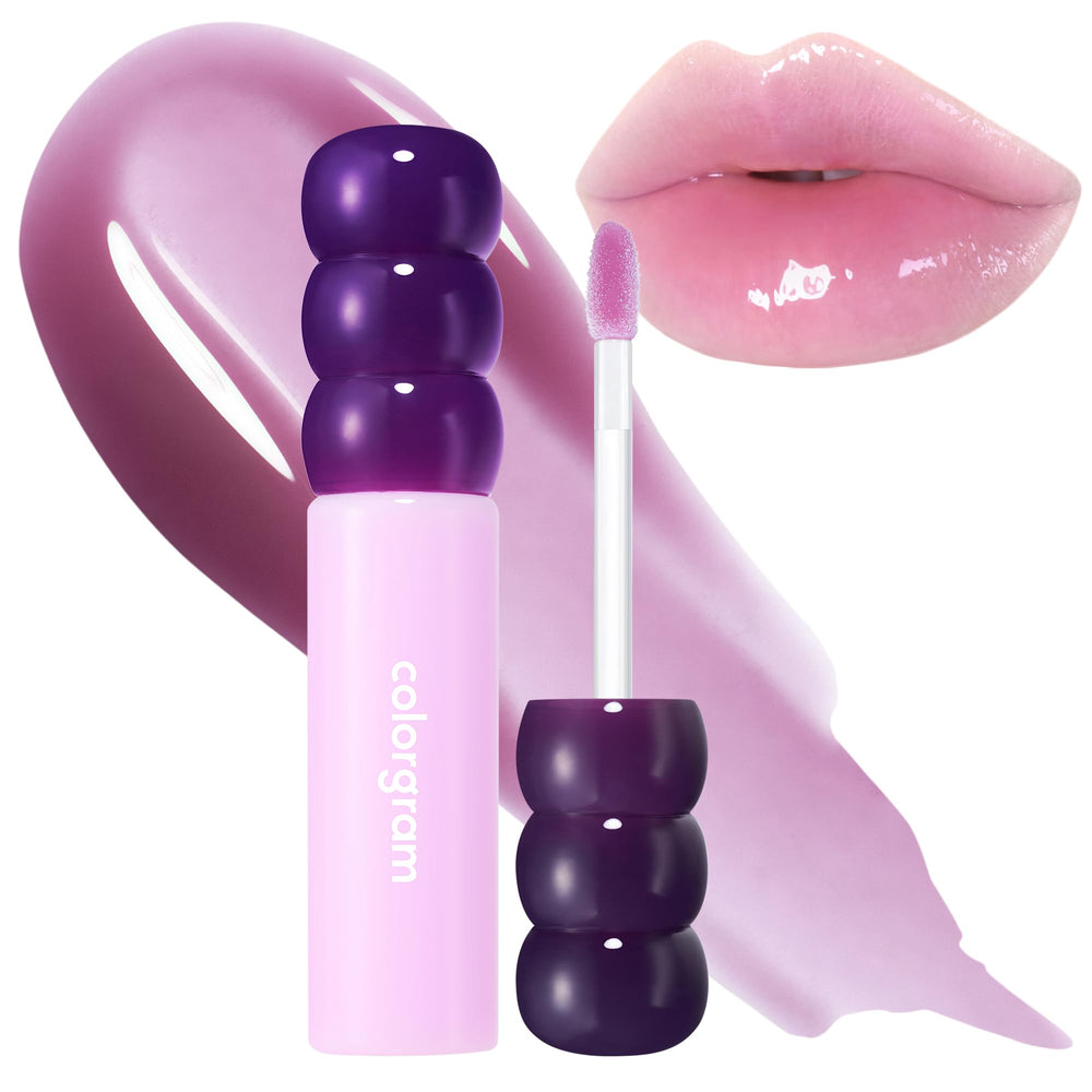 COLORGRAM Fruity Glass Gloss 01 Grape Black closeup shows glass-like shine and vivid pigment.