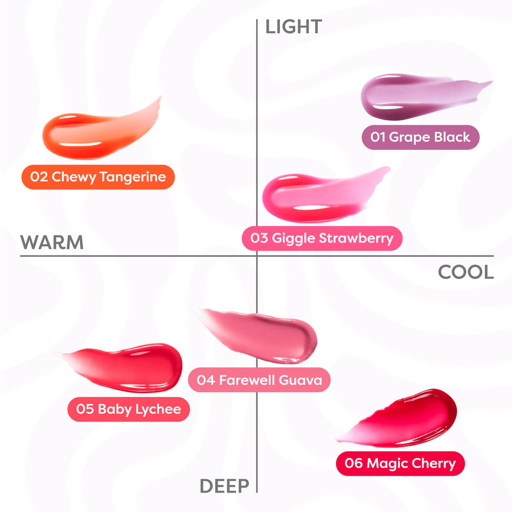 COLORGRAM Fruity Glass Gloss 01 Grape Black glossy finish on lips for day-to-night wear.