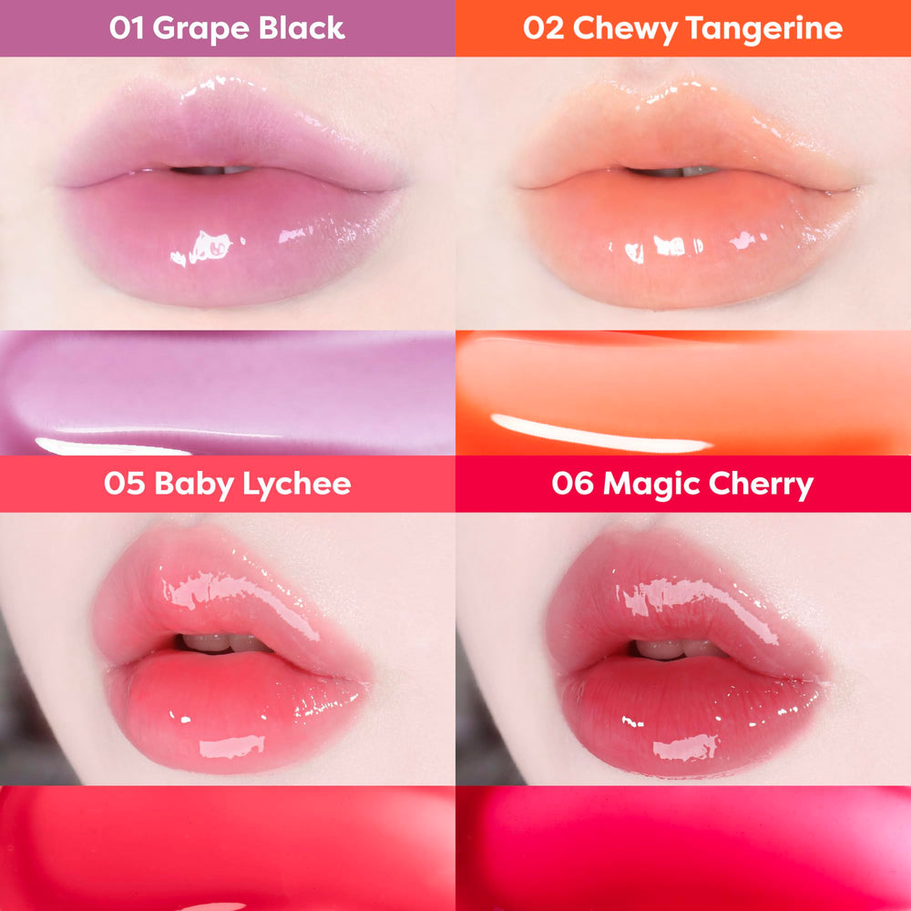 COLORGRAM Fruity Glass Gloss 01 Grape Black on lips adds a juicy, reflective glow.