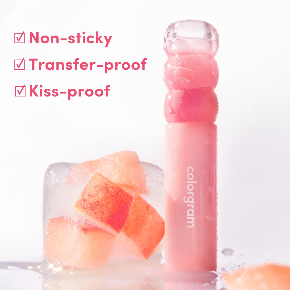 COLORGRAM Fruity Water Tint 02 Bunny Pink wet-look lip finish on lips.