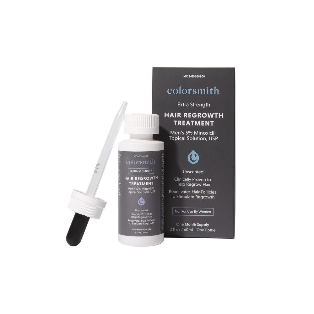 Colorsmith bottle showing unscented minoxidil solution for daily scalp use