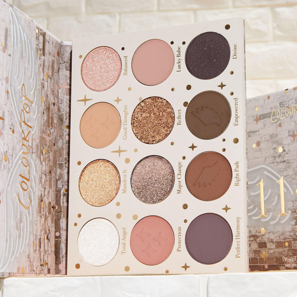 ColourPop 11:11 palette in use with brushes for bold or soft eye looks.