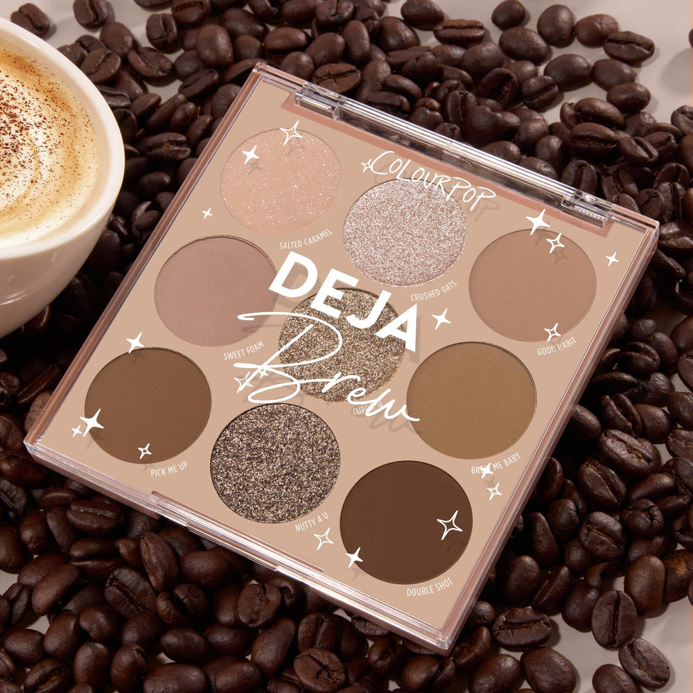 ColourPop Deja Brew packaging flat lay showcasing convenient storage.