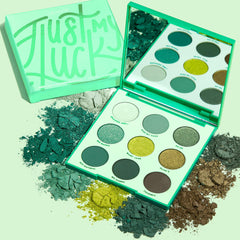 ColourPop Just My Luck green shades close-up highlight emerald tones on lids.