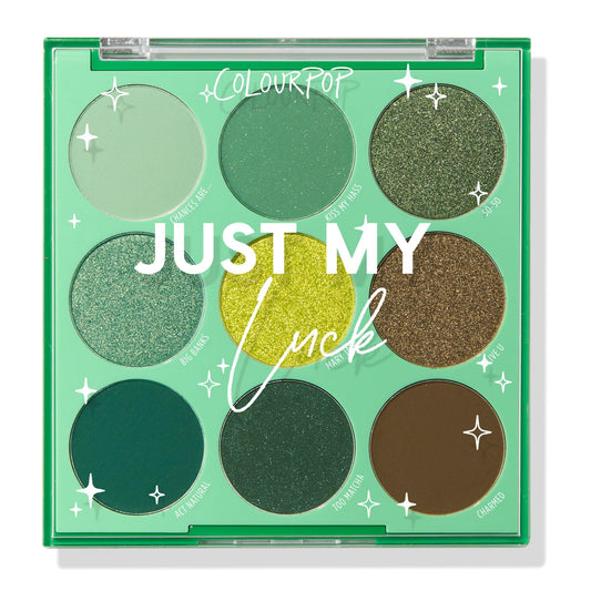 ColourPop Just My Luck palette front view showcases bold green tones for impact.