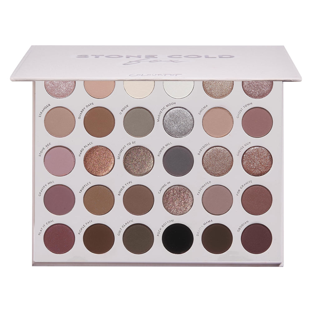 ColourPop Stone Cold Fox palette open shows 30 cool-toned shades for versatile makeup looks.