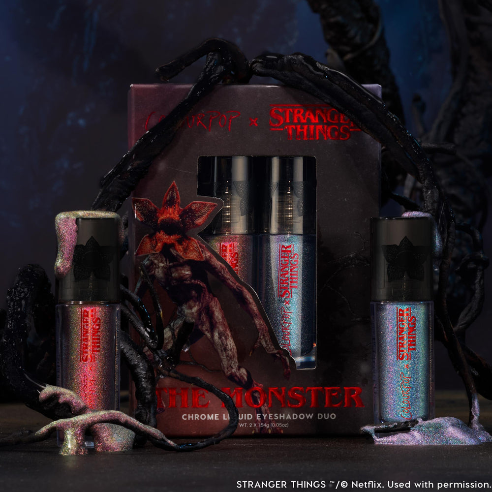 ColourPop Stranger Things Chrome Liquid Eyeshadow two-shades close-up shows reflective pearls.