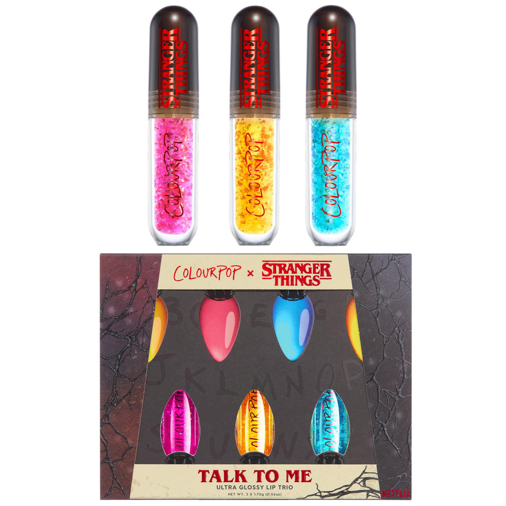 ColourPop Talk to Me gloss trio on lips delivering cushiony shine and smooth, non-sticky finish.