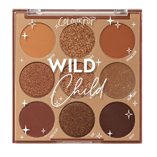 ColourPop Wild Child palette open showing rich chocolate browns for versatile day-to-night looks.